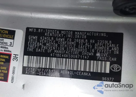 2009 Toyota Camry Le z USA, uszkodzony, nr VIN 4T1BE46K59U871147